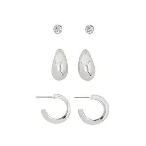 Accessorize London Women Silver Curve Drop Earrings Set Of 3