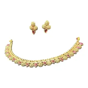 Traditional Gold-Plated Necklace Set with Pink Stone Inlay, Filigree Design, Choker and Earrings