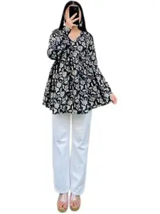 Women's Floral Print Reyon Peplum Top - Casual Loose Fit 3/4 Sleeve Tunic top, Stylish V-Neck Flared Kurti, Comfortable Everyday Wear (in, Alpha, L, Regular, Black)