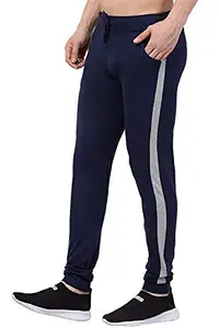 BLUECON BLUECON Men's Activewear Cotton Trackpant - Navy Blue with Light Grey Strip