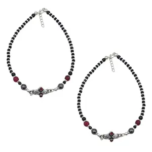 Sahiba Gems 925 Sterling Silver Ruby Zircon Stone & Black Bead Designer Royal Look Anklet (Payal) for Girls and Women - Pack in Pair