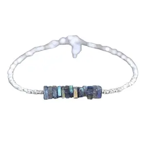 LKBEADS Silver Plated Bracelet with Multicolor Smooth Labradorite Beads – Heishi Square 4mm – 7 inch Adjustable – For Men & Women|LK_STACK_04001