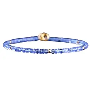 RRJEWELZ Tanzanite Rondelle Beaded Bracelet – Smooth 3mm Blue Stones with Gold Lock – 7 Inch Adjustable link Bracelet for Men & Women|LCBR_RR_06356