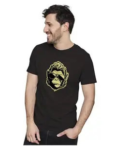 ALLEN BLACK Men's & Women's Regular Fit T-Shirt Cool Monkey with Sunglasses 100% Cotton Unise T-Shirt Black_MONKEYS03-Black 4XL Men Round_