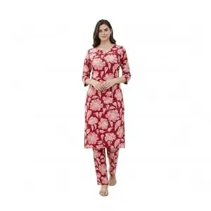 Thisha Women Floral Printed Kurta Pant Set | Cotton Blend Kurta Co-Ord Set | Round Neck 3/4 Sleeve Straight Kurti with Pants