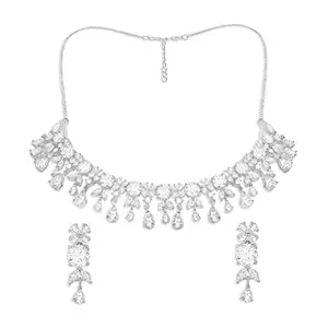 ACCESSHER Silver Plated American Diamond Studded Choker Necklace & Earrings Set