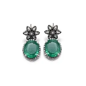 Sangeeta Boochra 925 Silver Sophia Floral Green Onyx Studded Handcrafted Earrings