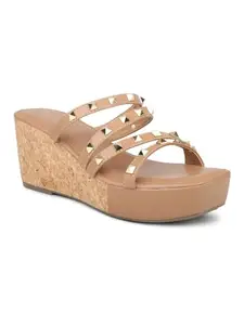 INC.5 Women Tan Studded Open Toe Wedge Heels
