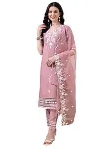 NIVANA Womens Pakistani Style Embroidered Kurta with Pant & Embroidered Dupatta | Chanderi Straight Kurta Set with V-Neck & 3/4 Sleeves | Ethnic Wear for Festive & Casual Occasions