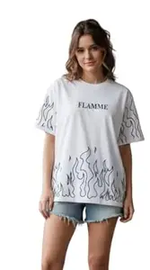 THE3377 Women’s Cotton Graphic Printed T-Shirt | Flamme Print Casual Half Sleeve Top | Soft Breathable Round Neck Stylish Tee for Girls