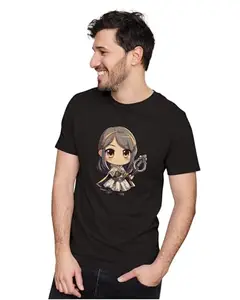 ALLEN BLACK Men's & Women's Regular Fit T-Shirt Chibi Cleric Girl 100% Cotton Unise T-Shirt Black_GRLWTEUNX-Black S Men Round_
