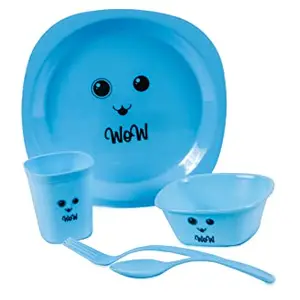 GALOOF 5 Pcs Plastic Playing Dinner Set for Kids | Small Size Smily Printed Dinnerware Plate for Playing and Return Gift for Kids Birthday Party (Blue)