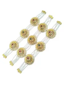 Traditional Pearl Beaded Bracelet Set with Gold-Toned Medallions, Red and Green Stones, 3 Pieces