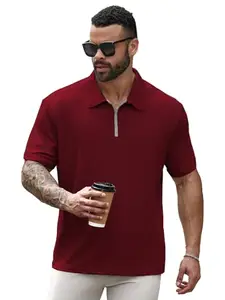 madfrog Men Solid Zip Polo Neck Cali Knit Polyester Blend Half Sleeve Regular Fit T-Shirt Maroon