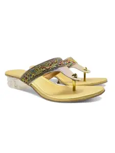 Fabbmate Stylish Embroidered T-Strap Flats Sandal for Women's Pack of 1 (GOLD, 7)
