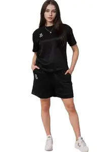 Women Cute Bear Short 2 Piece Loungewear Sets Casual Short Sleeve Women Tops Drawstring Shorts Pants (Black, L)