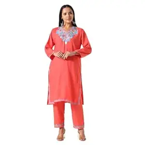 BATIN Kashmiri Aari Embroidered Kurti with Bottom Pant, Cotton Kurti with Pant Set, Womens Coord Set