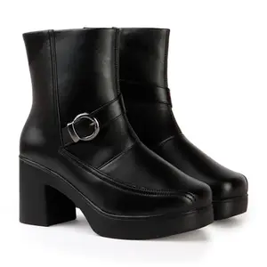 STRASSE PARIS Women’s Black Platform Boots with Round Buckle | Urban Chic Ankle Design,4