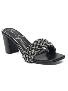 Bruno Manetti women's Black Slipon Back Open Braided Design with Stone Square Toe comfort Heel's