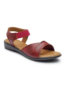 AROOM Leather Sandals Comfortable & Stylish Casual Flat Sandals For Women & Girls (Red, numeric_7)