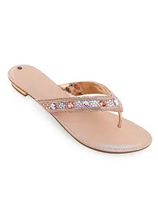 V-WALK Slip-On Low-Heel Sandals for Women | Festive-Occasion, Party, Evening, Ethnic, Shopping, Outdoor Sandals for Women | Heel Height: 1 Inch | Champagne
