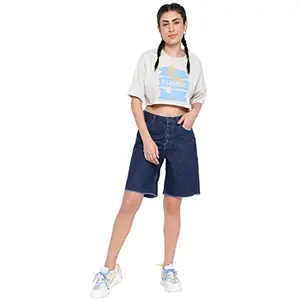 Belliskey Women's Solid Dark Blue Denim Shorts | Button Fly | Mid Rise Above Knee Length Short | Summer Wear for Women