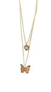 MG Jewellery Layered Gold-Toned Necklace with Heart Crystal and Butterfly Pendants