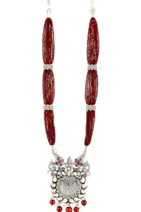 Antique white metal Beaded Necklace, Maroon Crystal Strarids, Purple Stone Peridant, Traditional Design