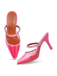 JM LOOKS Women's Kitten Heel Sandals with Transparent Rhinestone Upper Design and Comfortable Sole for Women and Girls (Rani) Pink
