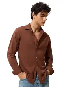 The Souled Store Solids: Amber Glow Men and Boys Long Sleeve Spread Collar Brown Textured Lightweight Easy to Style Everyday Office Wear Cotton Regular Shirt