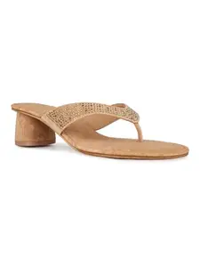 Inc.5 Women Tan Ethnic Embellished Round Toe Block Heel Sandals