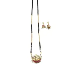 AAIKU Maharashtrian Traditional Micro Gold Plated Peacock Design Pendant & Neha Sar Long Mangalsutra with Earring Set for Women (30 Inch)