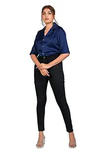 Kara Art House Satin Silk Fabric Notch Collar Short Sleeve Shirt for Women and Girl (XL, Navy Blue)