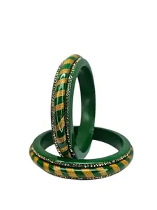NY Lifestyles Lac Bangles Set for Women and Girls Handmade Traditional Jaipuri Lakh Chuda Glossy Design Lahariya Kada, 2 Pieces (Green/Golden, 2.6)