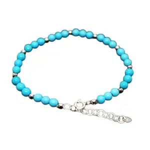 RRJEWELZ Sleeping Beauty Turquoise Round Beaded Bracelet – Faceted 3mm Blue Stones with Silver Lock – 7 Inch Adjustable link Bracelet for Men & Women|LCBR_RR_06152