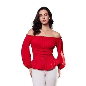 Berrylush Women Red Solid Off-Shoulder Neck Bishop Sleeves Lace-Up Crepe Smocked Crop Peplum Top