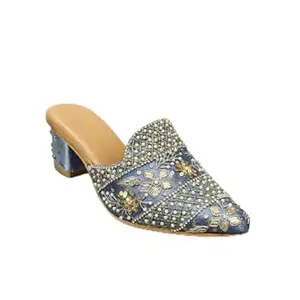 EZZIAUTO Women's Embroidered Mule Heels, Handmade Beaded Slip-On Sandals with Block Heel, Cushioned Insole, Non-Slip Sole for Wedding, Party