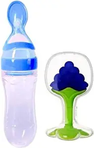 MOM'S PRIDE Newborn Baby Feeding Bottle Silicone Squeez Feeding Spoon Milk Cereal Training Feeder and Fruit Shape Silicone Teether (Set of 2) (Blue)