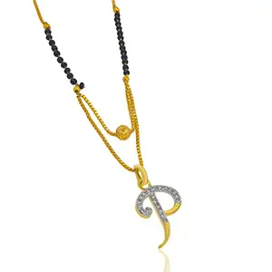 Saizen Brass & Gold Plated AD Studded "P" Alphabet Pendant Black Beaded Chain Traditional Mangalsutra for Women