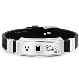 University Trendz V BTS Band Exquisite Signature Stainless Steel Silicon Charm Bracelet for Men & Women (Silver Black)