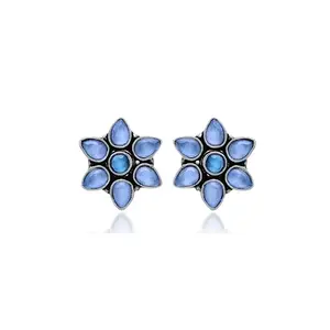 Tvayaa Art Antique Stone Stud Earrings Flower Design Silver Oxidised Statement Women & Girls Jewellery (Blue)