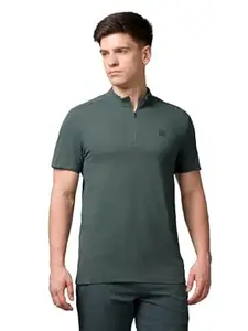 TECHNOSPORT Men's Solid Slim Fit Mock Neck T-Shirt COTFLEX Half Sleeve Zip Polyester for Gym Running Workout UPF50+ Anti Odour