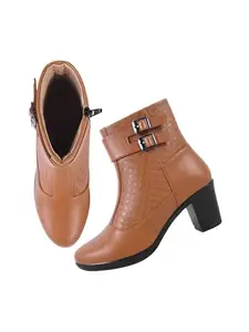 TRYME Attractive Ankle Length Block Heel Boots Comfortable Trendy Zipper Boots for Womens & Girls