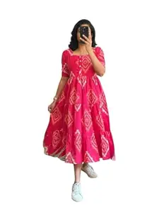 Women's Tiered Midi Dress, Floral Print, Short Sleeves, Cotton Blend