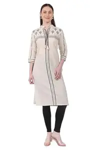 Women's Khadi Cotton Kurti, Cream with Black Embroidered Print, Mandarin Collar, 3/4 Sleeves
