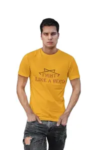 SHRI SAPTHAHARI ENTERPRISESFight Like a Hero Yellow Round Neck Cotton Half Sleeved Men's T-Shirt with Printed Graphics