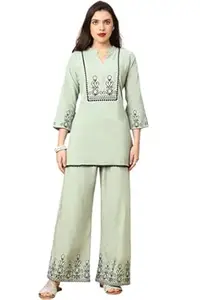 GANIX - FASHION THAT DEFINE YOU Women’s Embroidered Rayon Co-Ord Set | Ethnic Kurta & Palazzo Pant Set | 3/4 Sleeve Mandarin Collar Kurti Set | Daily Casual, Festive & Office Wear | Comfortable Breathable Fabric with Pocket