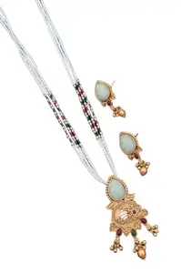 Women Brass High Gold Mala Pendant Earring Long Necklace set For Women