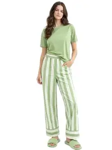 Celary Women’s Cotton Blend Lounge Set | Half Sleeve Relaxed Fit Top with Striped Wide Leg Pants |Also Available in Plus Size | Soft & Breathable Night Suit | Elastic Waist Pajama Set for Women