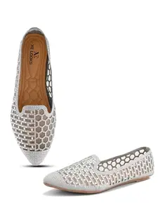 XE Looks Silver Elegant Rhinestone Studded Bellies | Hexagonal Cutout Pattern | Chic & Comfortable Slip-On Bellies For Girls & Womens